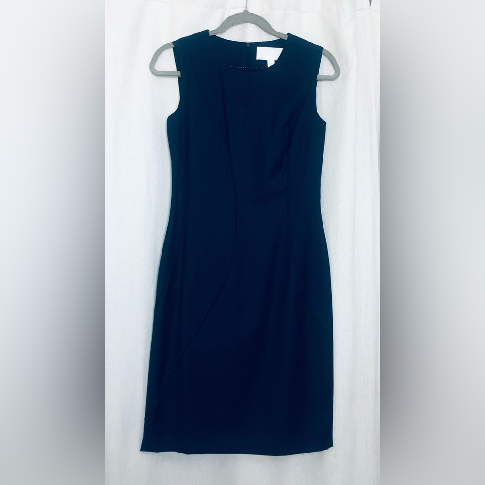 Hugo Boss Denesa Navy Blue Sleeveless Piped Sheath Midi Dress Sz 2 Wool Blend